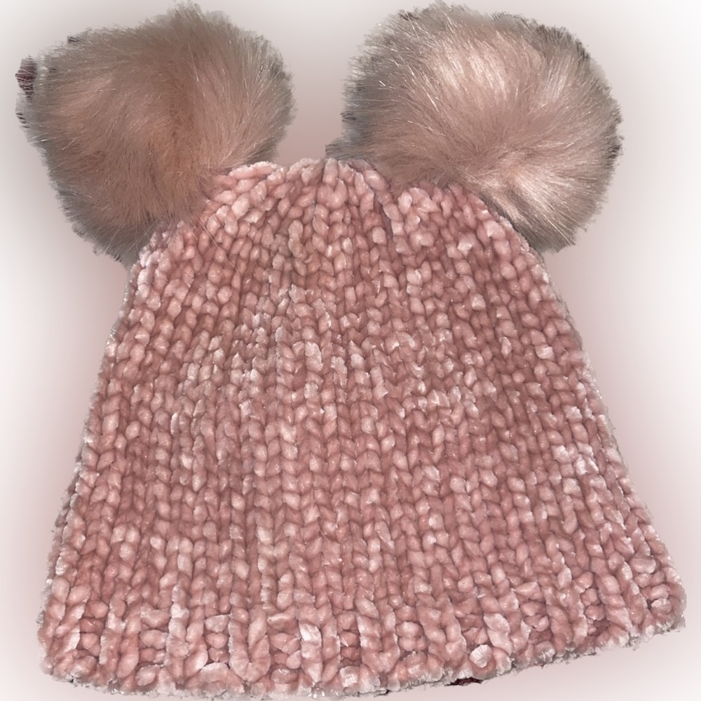 Chenille knit faux fur Pom Pom beanie hat